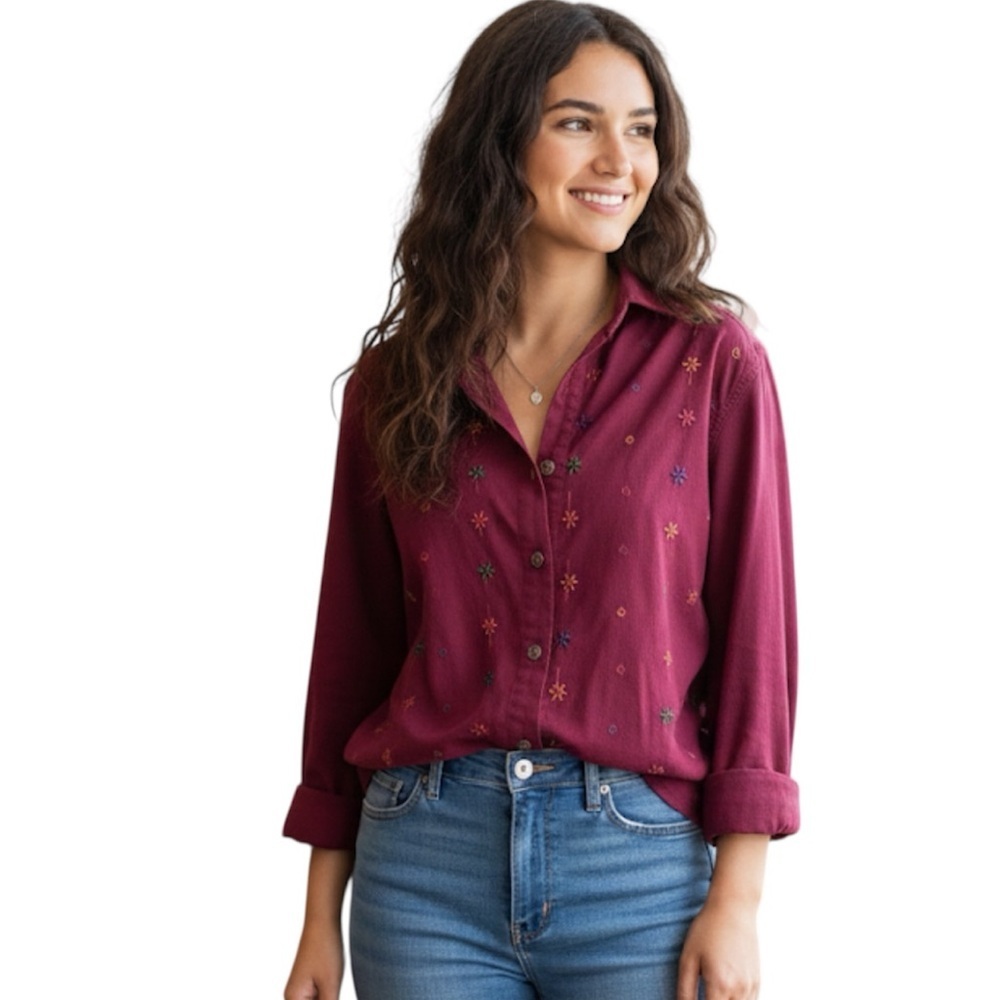 vintage michael button up shirt women sz medium long sleeve embroidered